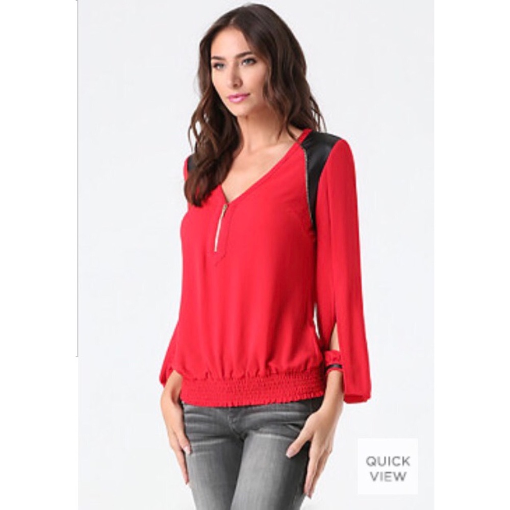 Bebe Red Veronica Blouson Leather Shoulder Top